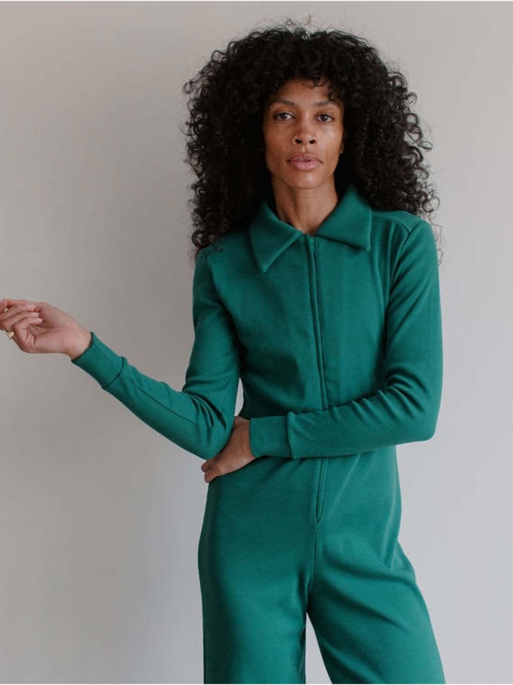 Noble Organic Ribbed Cotton Long Sleeve Zip Utility Jumpsuit Pine Green Small